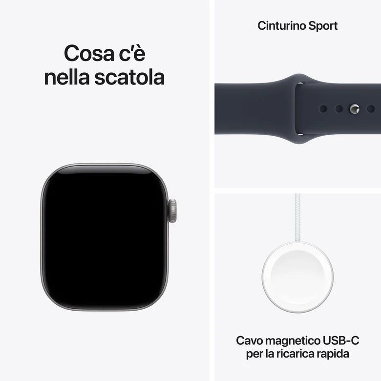 Apple Watch Series 12 GPS, cassa 42 mm in alluminio grigio siderale con cinturino Sport blu marino - S/M