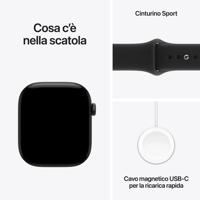 Apple Watch Series 12 GPS, cassa 46 mm in alluminio nero con cinturino Sport nero - M/L