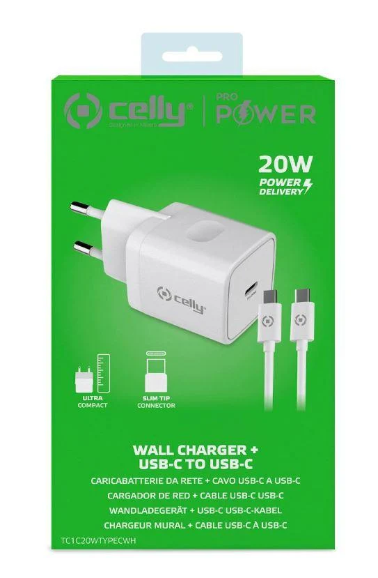 CELLY TRAVEL CHARGER USB-C 20W WHITE + CAVO