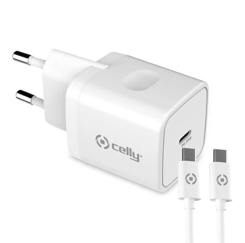 CELLY TRAVEL CHARGER USB-C 20W WHITE + CAVO
