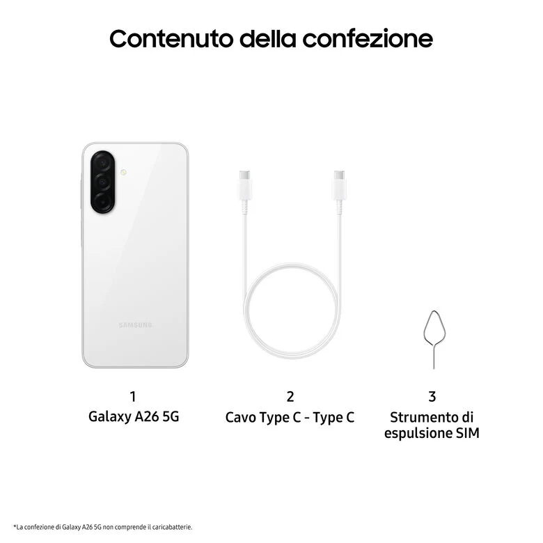 Samsung Galaxy A26 5G, Smartphone con Funzioni intelligenti, Display Super AMOLED 6.7”, 6GB RAM, 128GB, Batteria 5.000 mAh, memoria espandibile, White