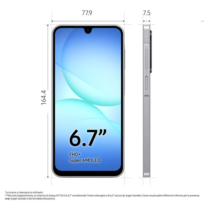 Samsung Galaxy A17 5G, Android 15, Display sAMOLED 6.7", 8GB RAM, 256GB, Batteria 5.000 mAh, Resistenza IP54, Memoria espandibile fino a 2TB, Gray