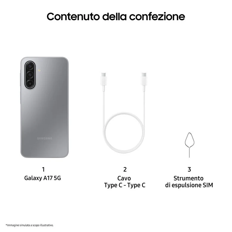 Samsung Galaxy A17 5G, Android 15, Display sAMOLED 6.7", 8GB RAM, 256GB, Batteria 5.000 mAh, Resistenza IP54, Memoria espandibile fino a 2TB, Gray