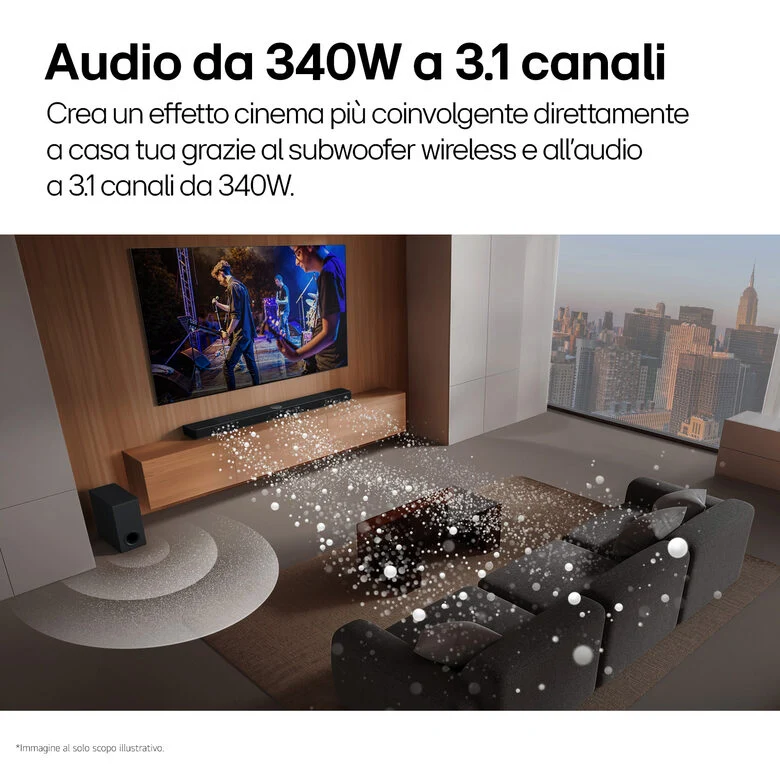 LG S60T Soundbar, 340W su 3.1 canali, Dolby Digital, DTS, Subwoofer wireless, Bluetooth