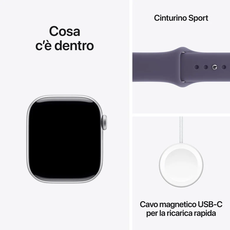 Apple Watch Series 11 GPS 42mm Cassa Alluminio Argento con Sport Band Viola Nebbia - S/M