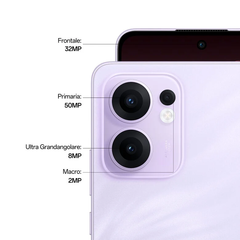 OPPO Reno13 F 5G AI Smartphone, Tripla fotocamera 50+8+2MP, Selfie 32MP, Display 6.67” 120HZ AMOLED FHD+, 5800mAh, RAM 8GB(Esp4GB/6GB/8GB)+ROM 256GB, [Versione Italia], Plume Purple