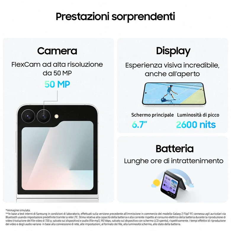 Samsung Galaxy Z Flip7 FE Smartphone AI, RAM 8GB, 128GB, Display 3,4" Super AMOLED/6,7" Dynamic AMOLED 2X, Fotocamera 50MP, White