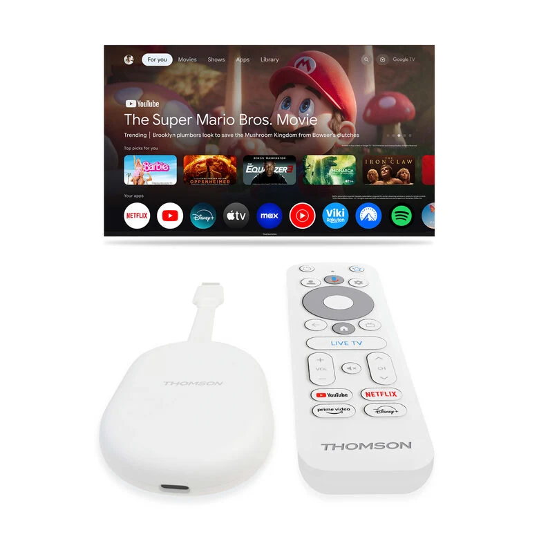 THOMSON Google TV Go Cast 150, Dongle per streaming 4K UHD, Dolby Atmos, Dolby Digital+, Controllo vocale, Googlecast, SDRAM 2 GB, Flash 8 GB, Adattatore di alimentazione multipresa