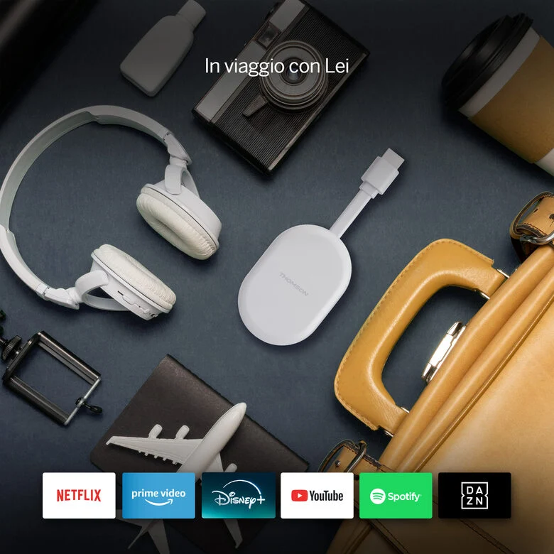 THOMSON Google TV Go Cast 150, Dongle per streaming 4K UHD, Dolby Atmos, Dolby Digital+, Controllo vocale, Googlecast, SDRAM 2 GB, Flash 8 GB, Adattatore di alimentazione multipresa