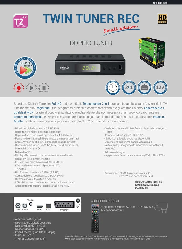 Digiquest Twin Tuner Small Edition Ethernet (RJ-45), Terrestre Full HD Nero