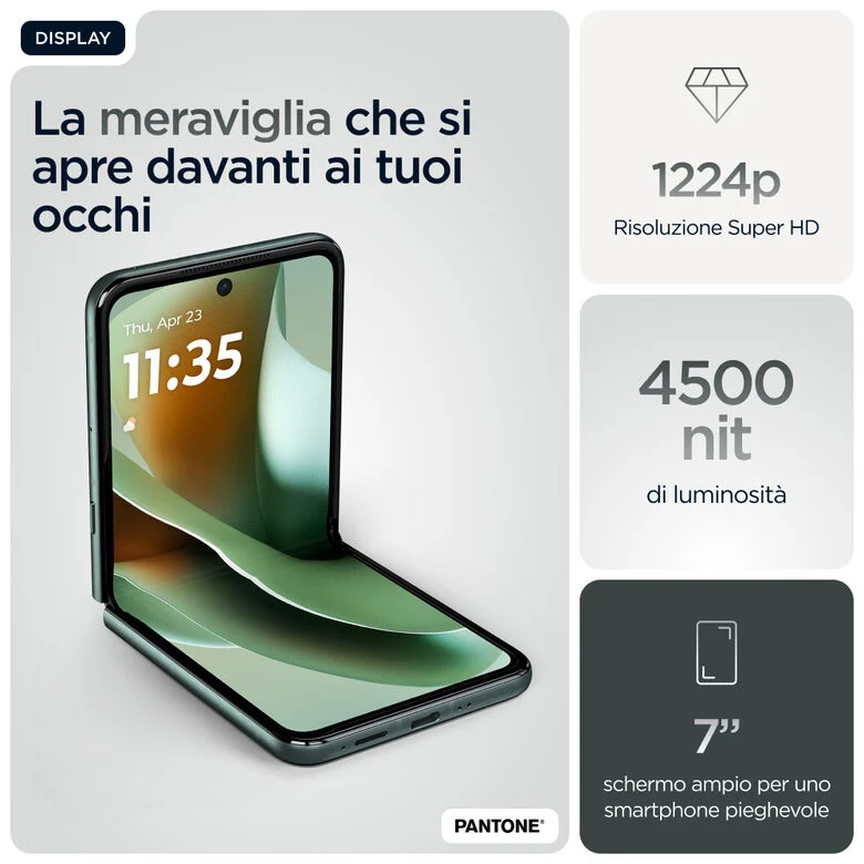 Motorola razr 60 Ultra con Moto AI (16/512GB, 50+50MP, selfie 50MP, display esterno 4.0" interno 7" pOLED 165Hz, Qualcomm Snapdragon 8 Elite, 4700mAh, 5G, Dual SIM, Android 15) PANTONE Scara