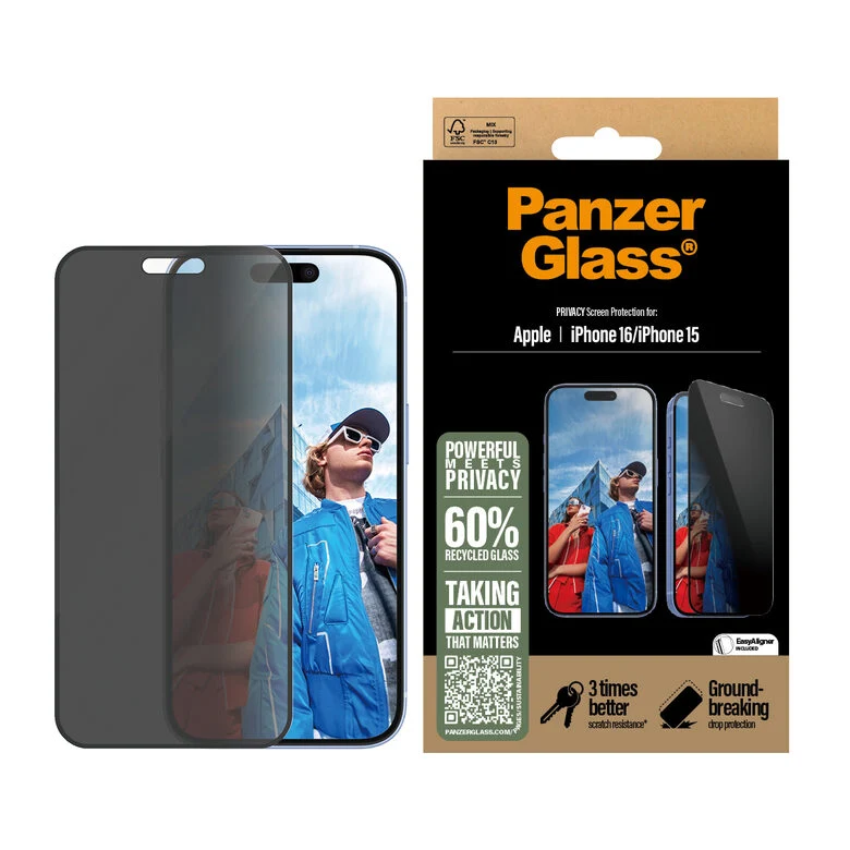 PanzerGlass Privacy Pellicola in Vetro Temperato iPhone 16 | 15 | Ultra-Wide Fit