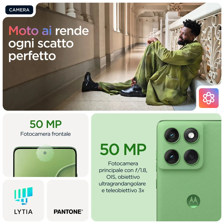 Motorola edge 60 con Moto AI (8/256GB, Fotocamera 50+50+10MP, selfie 50MP, Display 6.67" pOLED 120Hz, MediaTek Dimensity 24M, batteria 5200mAh, ricarica 68W, Android 15), PANTONE Shamrock