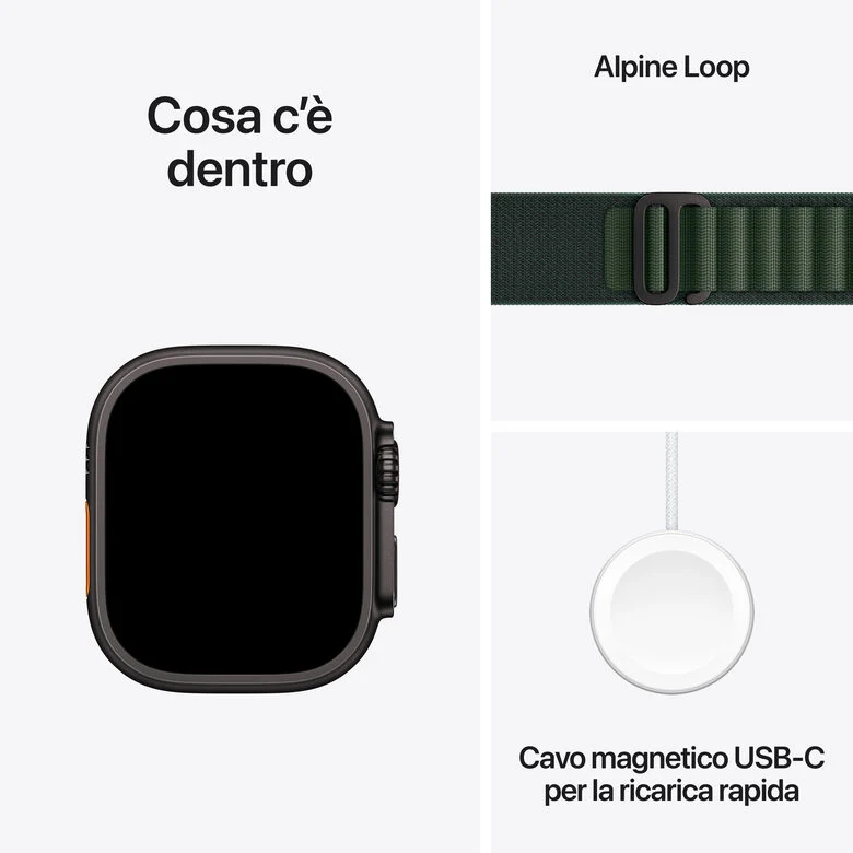 Apple Watch Ultra 2 GPS + Cellular 49mm Cassa Titanio Nero con Dark Green Alpine Loop - Medium