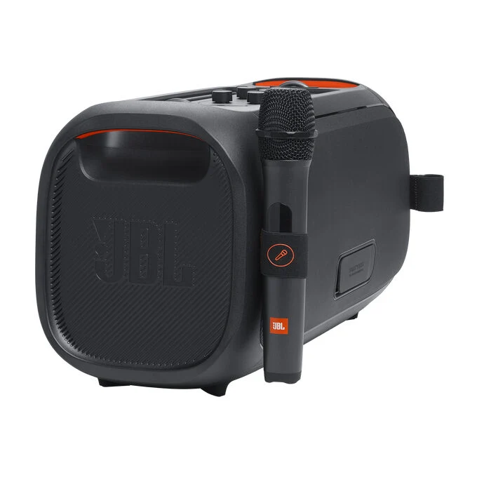 JBL PartyBox On-the-Go Essential Speaker Portatile Wireless per Feste, con Luci Integrate e Bassi Profondi, Protezione Splashproof IPX4, Microfono Wireless, Tracolla per Trasporto, Nero