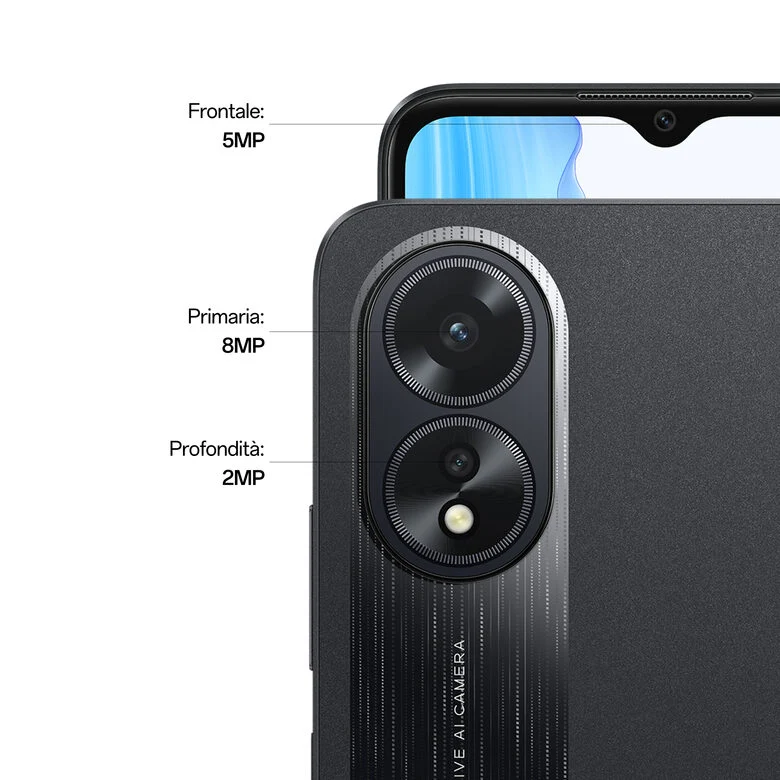 OPPO A18 4G Smartphone, AI Doppia fotocamera 8+2MP, Selfie 5MP, Display 6.56” 90HZ LCD HD+, 5000mAh, RAM 8 GB (4+4) + ROM 128GB, IP54, [Versione Italia],Glowing Black
