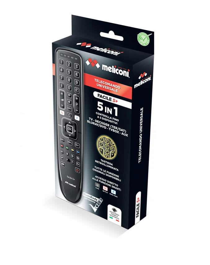 Meliconi Gumbody Facile 5+ telecomando DVD/Blu-ray, Sistema audio domestico, Sistema Home cinema, Sky, Altoparlante Soundbar, TV Pulsanti