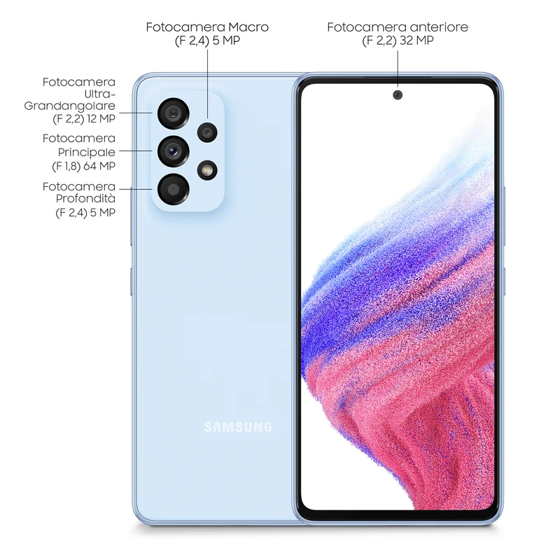 Samsung Galaxy A53 5G Display 6.5” FHD+ Super AMOLED Doppia SIM Android 12, RAM 6 GB , 256 GB, 5.000 mAh, Awesome Blue