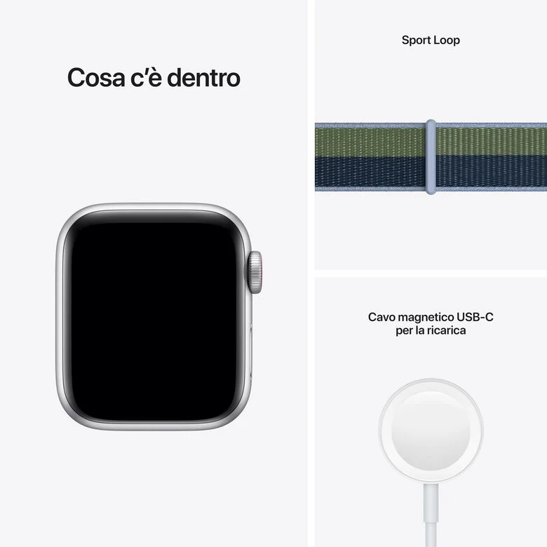 Apple Watch SE GPS + Cellular, 40mm Cassa in Alluminio color Argento con Cinturino Sport Azzurro