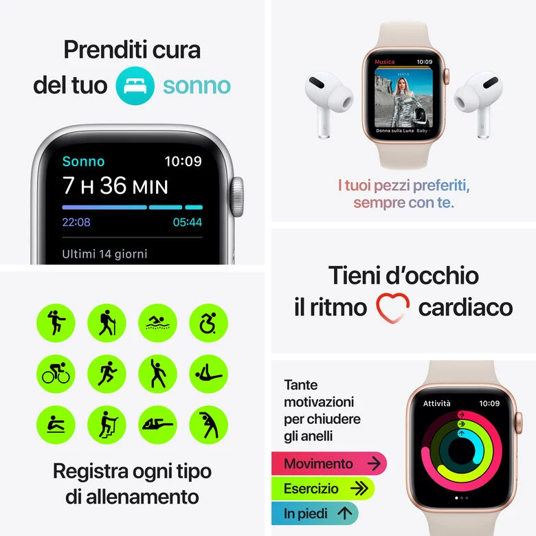 Apple Watch SE GPS, 40mm Cassa in Alluminio color Argento con Cinturino Sport Azzurro