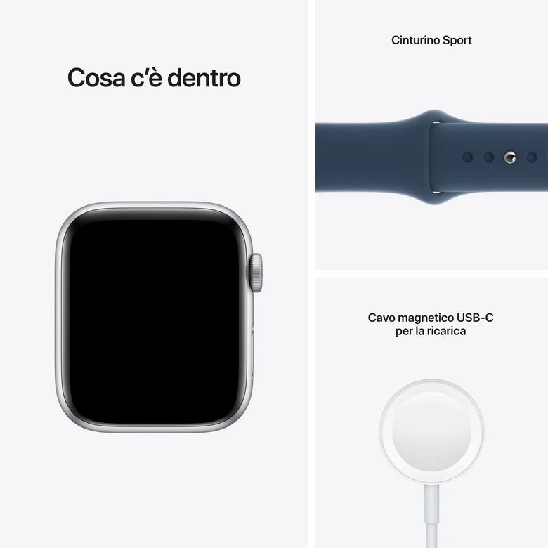 Apple Watch SE GPS, 44mm Cassa in Alluminio color Argento con Cinturino Sport Azzurro