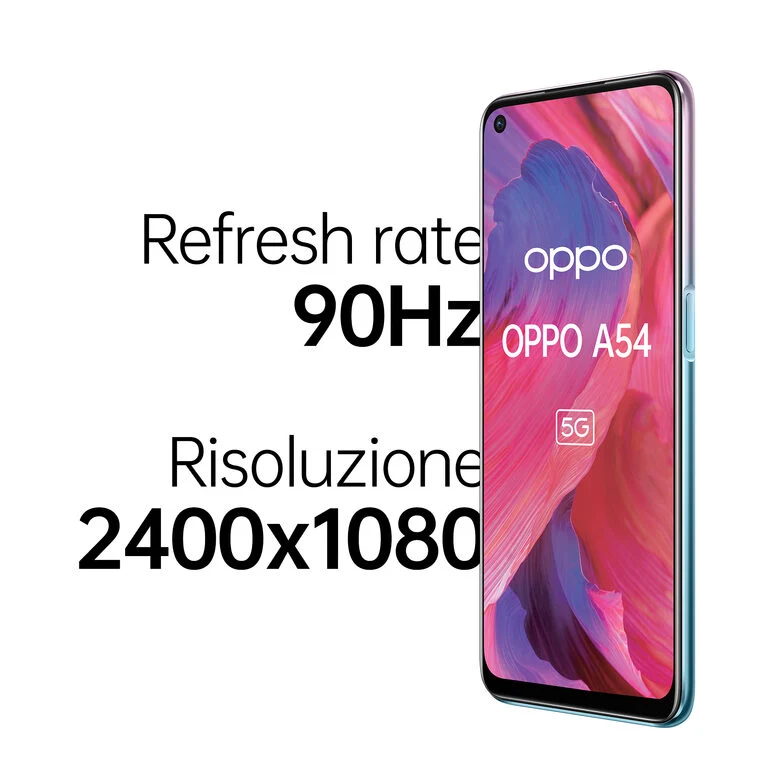 OPPO A54 5G A54 Smartphone 5G, 193g, Display 6.5" FHD+ 90Hz, 4 Fotocamere 48MP, RAM 4GB+ROM 64GB, Batteria 5000mAh, Ricarica rapida, Dual Sim, [Versione Italiana], Fantastic Purple