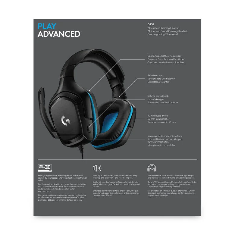 Logitech G G432 Gaming Headset Auricolare Cablato A Padiglione Giocare Nero, Blu