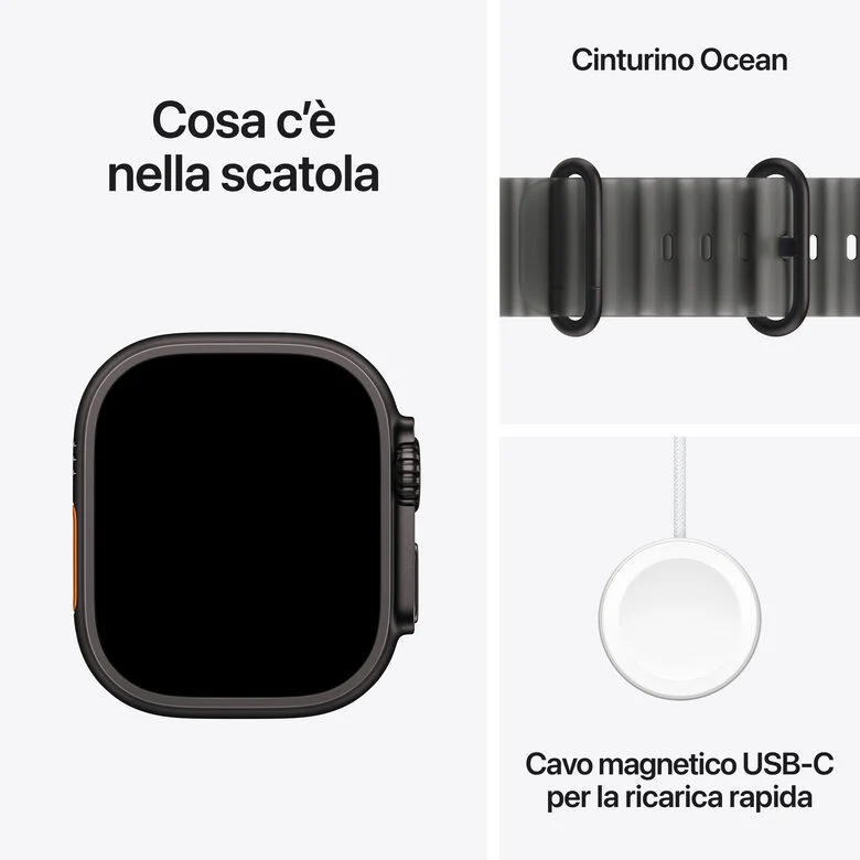 Apple Watch Ultra 4 GPS + Cellular, Cassa 49 mm in titanio nero con cinturino Ocean nero traslucido