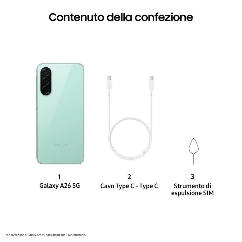 Samsung Galaxy A26 5G, Smartphone con Funzioni intelligenti, Display Super AMOLED 6.7”, 6GB RAM, 128GB, Batteria 5.000 mAh, memoria espandibile, Mint