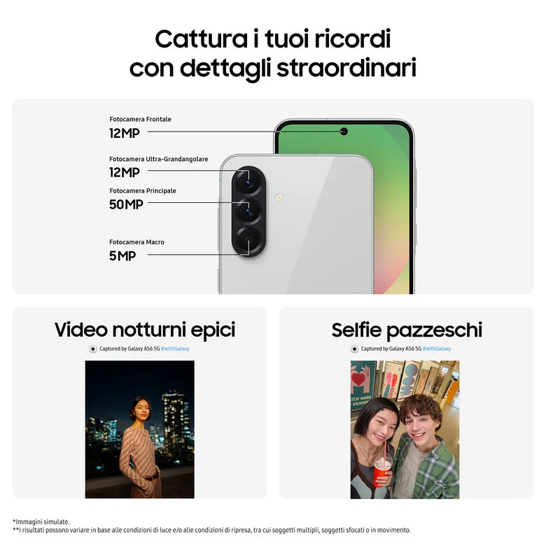 Samsung Galaxy A56 5G, Smartphone con Funzioni intelligenti, Display Super AMOLED 6.7”, 8GB RAM, 256GB, Camera 50MP, Batteria 5.000 mAh, IP67, Awesome Lightgray