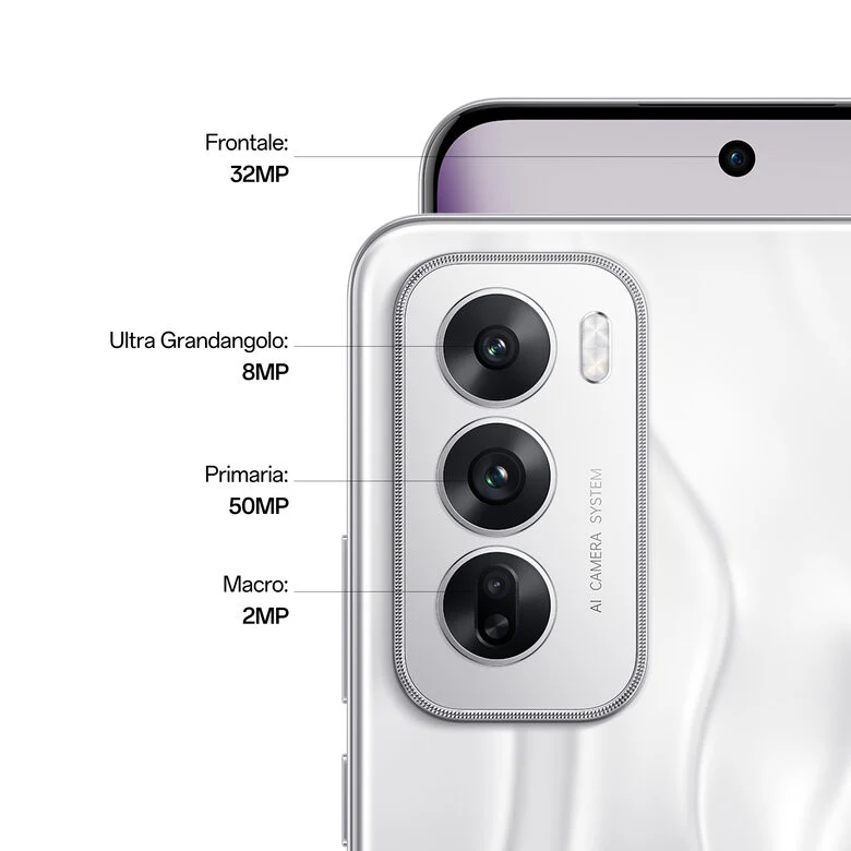 OPPO Reno12 5G AI Smartphone, Tripla fotocamera 50+8+2MP, Selfie 32MP, Display 6.7” 120HZ AMOLED FHD+, 5000mAh, RAM 12GB(Esp4GB/8GB/12GB)+ROM 256GB, [Versione Italia], Astro Silver