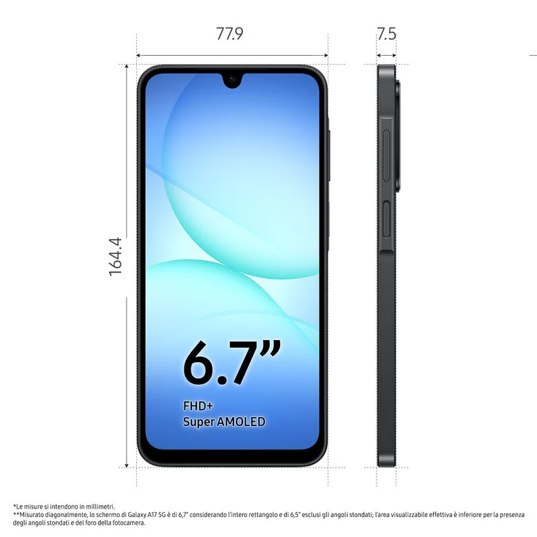 Samsung Galaxy A17 5G, Android 15, Display sAMOLED 6.7", 8GB RAM, 256GB, Batteria 5.000 mAh, Resistenza IP54, Memoria espandibile fino a 2TB, Black