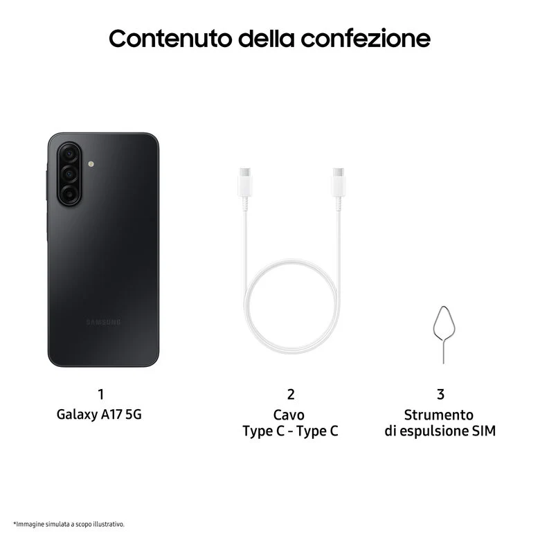Samsung Galaxy A17 5G, Android 15, Display sAMOLED 6.7", 8GB RAM, 256GB, Batteria 5.000 mAh, Resistenza IP54, Memoria espandibile fino a 2TB, Black