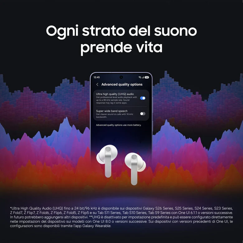 Samsung Galaxy Buds4 Pro, White, Corpo in metallo, Altoparlante a 2 vie e doppio amplificatore, Chiamate cristalline, Audio a 360°, ANC migliorata, Controllo adattivo del rumore, Connessione