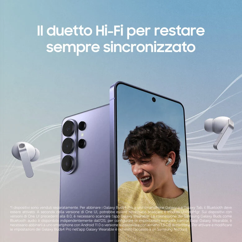 Samsung Galaxy Buds4 Pro, White, Corpo in metallo, Altoparlante a 2 vie e doppio amplificatore, Chiamate cristalline, Audio a 360°, ANC migliorata, Controllo adattivo del rumore, Connessione