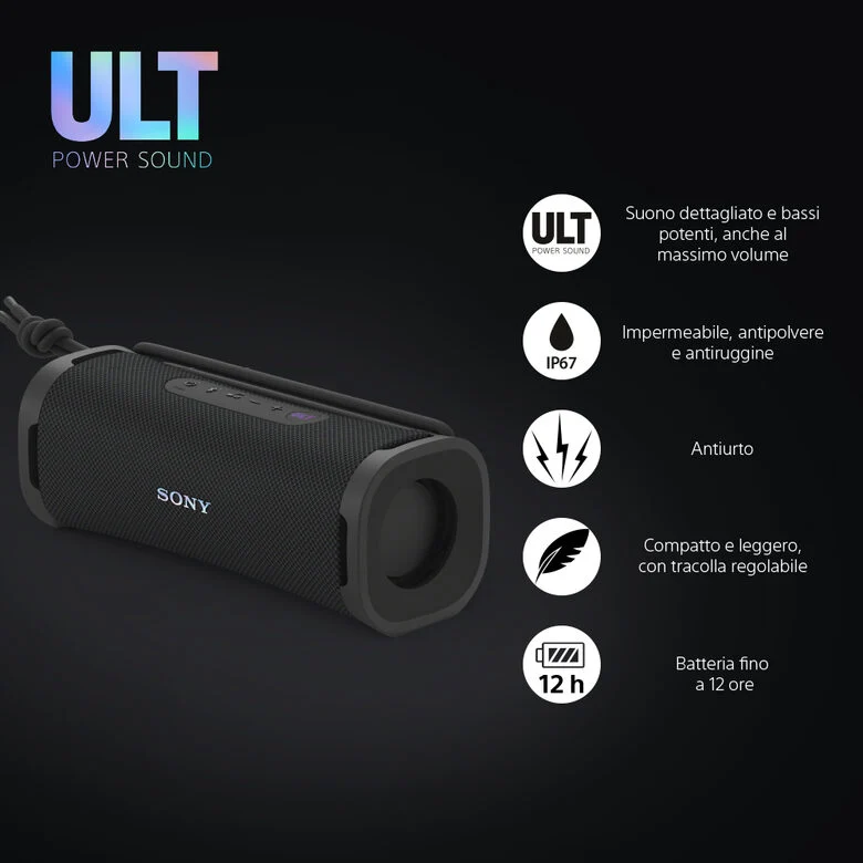 Sony ULT FIELD 1 Speaker portatile wireless Bluetooth con ULT POWER SOUND impermeabile, antipolvere, antiurto, fino a 12 ore Black