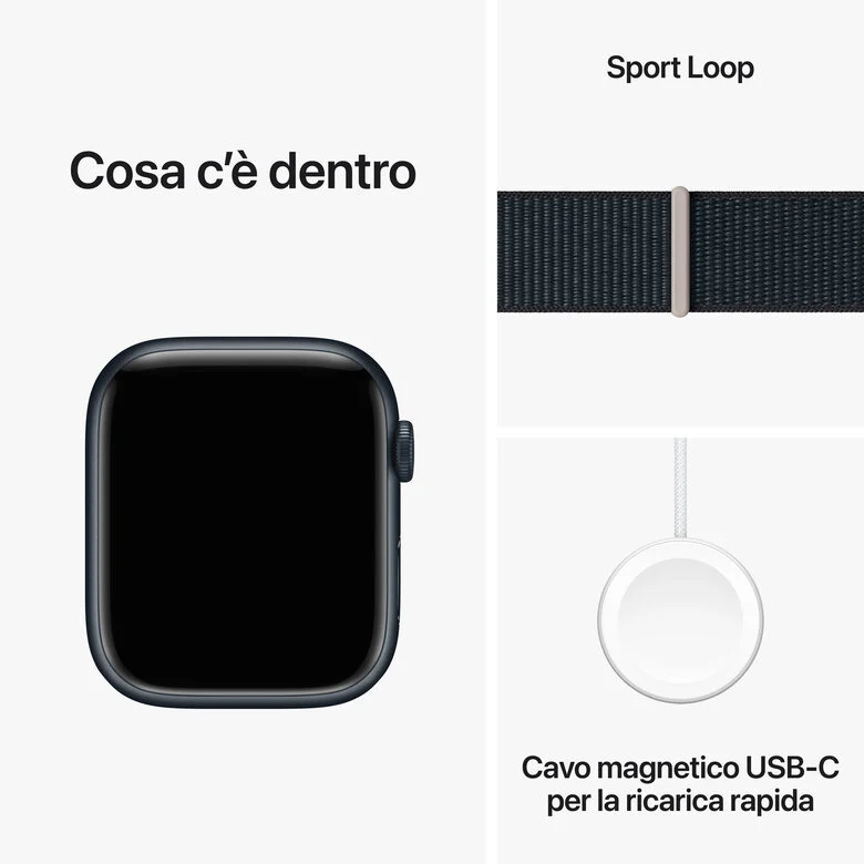Apple Watch Series 9 GPS + Cellular Cassa 45mm in Alluminio Mezzanotte con Cinturino Sport Loop Mezzanotte