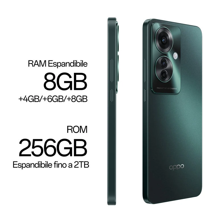 OPPO Reno11 F 5G Smartphone, AI Tripla fotocamera 64+8+2MP, Selfie 32MP, Display 6.7” 120HZ AMOLED FHD+, 5000mAh, RAM 8(Esp4GB/6GB/8GB)+ROM 256GB (esp2TB), [Versione Italia], Palm Green