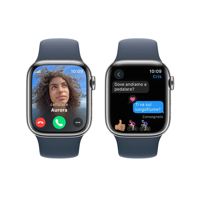 Apple Watch Series 9 GPS + Cellular Cassa 41mm in Acciaio inossidabile con Cinturino Sport Blu Tempesta - M/L
