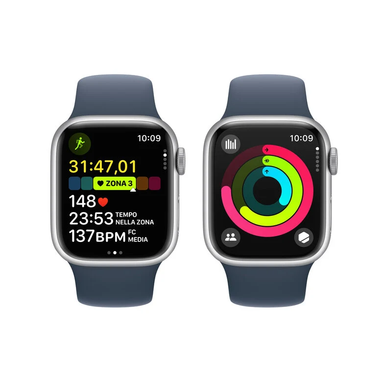 Apple Watch Series 9 GPS Cassa 41mm in Alluminio Argento con Cinturino Sport Blu Tempesta - S/M