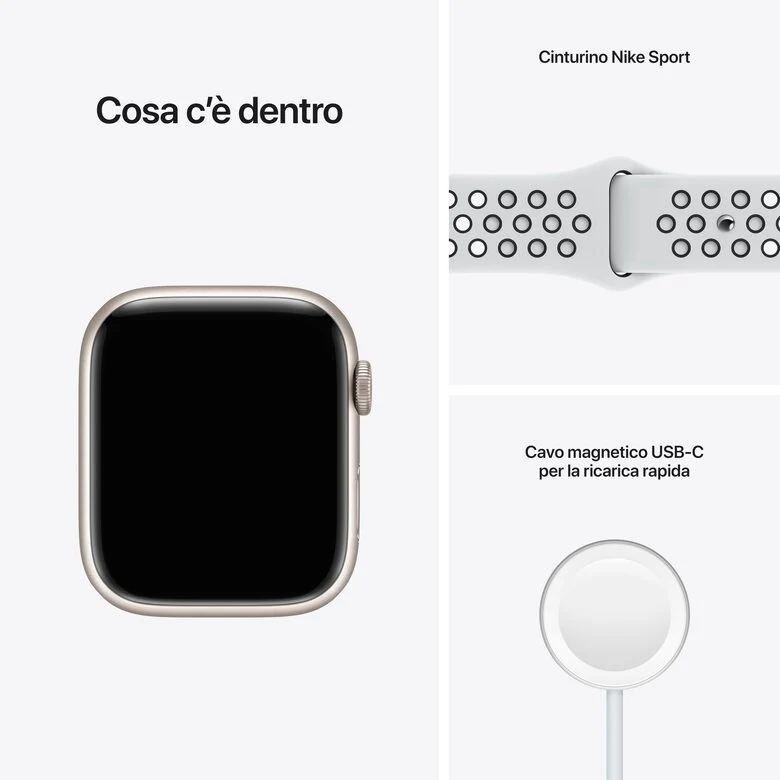 Apple Watch Nike Series 7 GPS, 45mm Cassa in Alluminio Galassia con Cinturino Sport Platino Puro/Nero
