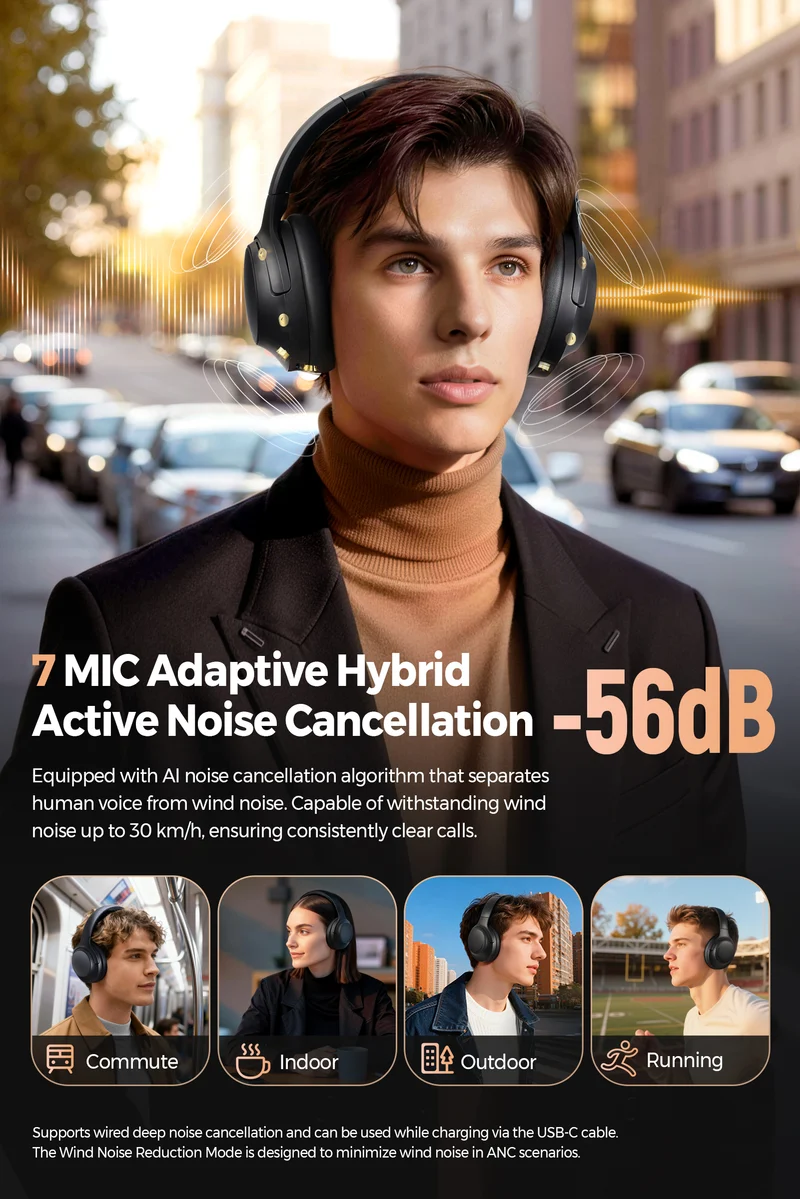 Cove Pro Over-Ear Headphones – 56dB Adaptive ANC Headphones with 95H Playtime & 7-Mic AI ENC