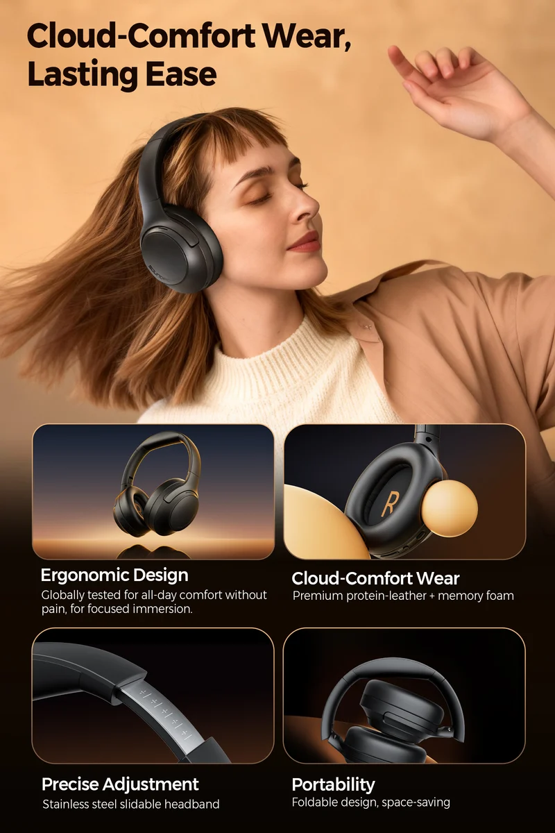 Cove Pro Over-Ear Headphones – 56dB Adaptive ANC Headphones with 95H Playtime & 7-Mic AI ENC