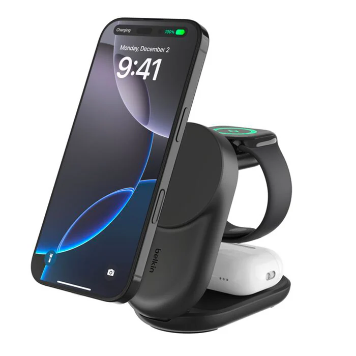 Belkin UltraCharge - Caricabatteria wireless magnetico pieghevole 3in1 con Qi2 da 25W - Nero