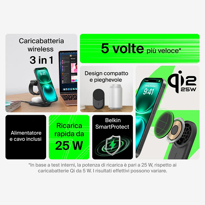 Belkin UltraCharge - Caricabatteria wireless magnetico pieghevole 3in1 con Qi2 da 25W - Nero