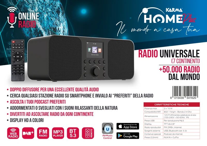 Karma HOME PLUS Radio FM/DAB+ e internet radio, Bluetooth , USB, gestibile via APP