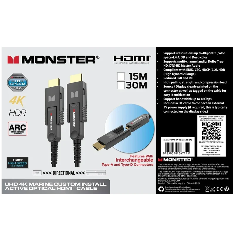 MONSTER MMS-HDMI4K-30MT-2SIDE Cavo HDMI 2.0 da 30MT UHD 4K/60 Hz tecnologia ibrida fibra ottica