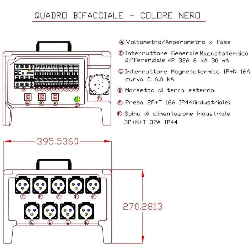 QUADRO CORRENTE POWERBOX TARTARUGA SPINA 32A PENTAPOLARE TRIFASE 9 PRESE CEE 16A MONOFASE 3 SPIE VOLTOMETRO AMPEROMETRO