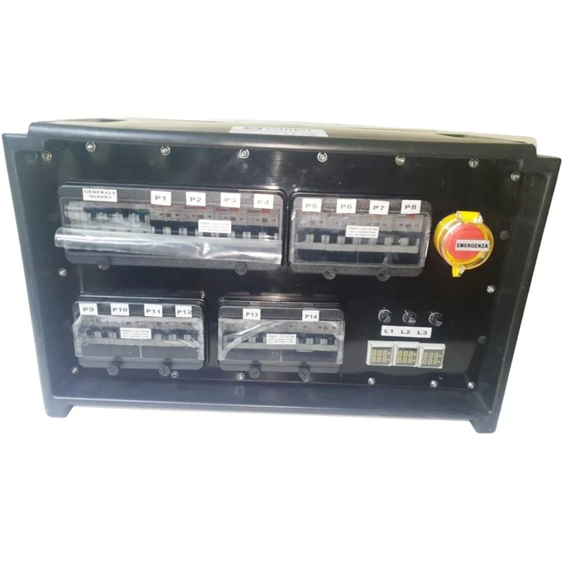 QUADRO CORRENTE POWERBOX SPINA 63A PENTAPOLARE TRIFASE 12 PRESE CEE 16A MONOFASE + 2 32A 5P 3 SPIE VOLTOMETRO AMPEROMETRO EMERGENZA