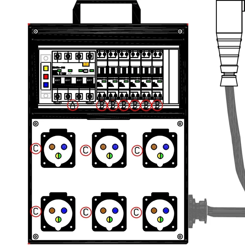 QUADRO CORRENTE POWERBOX SPINA 32A TRIFASE 6 PRESE CEE 16A MONOFASE 3 SPIE DI RETE CAVO 5X6MM2 DA 2MT